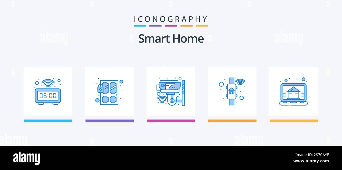 Pacchetto icone Smart Home Blue 5 con controllo incluso. accesso. tecnologia. sorveglianza. sicurezza. Icone creative Design Illustrazione Vettoriale