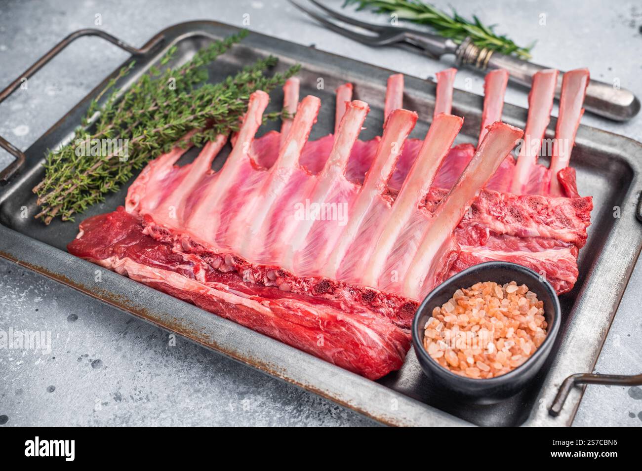 Carne di montone cruda per bistecche, griglia di agnello crudo su vassoio di acciaio con erbe aromatiche. sfondo grigio. vista dall'alto. Foto Stock