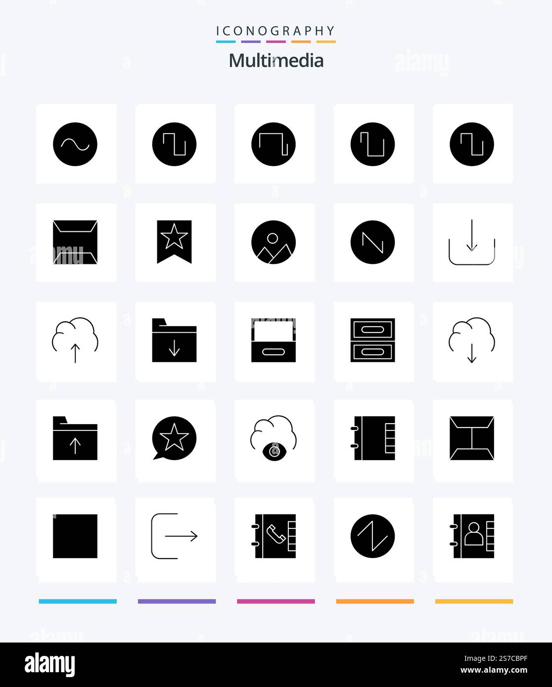 Pacchetto di icone Creative Multimedia 25 Glyph Solid Black come WAVE. dente di sega. sigillato. rotondo. immagine Illustrazione Vettoriale