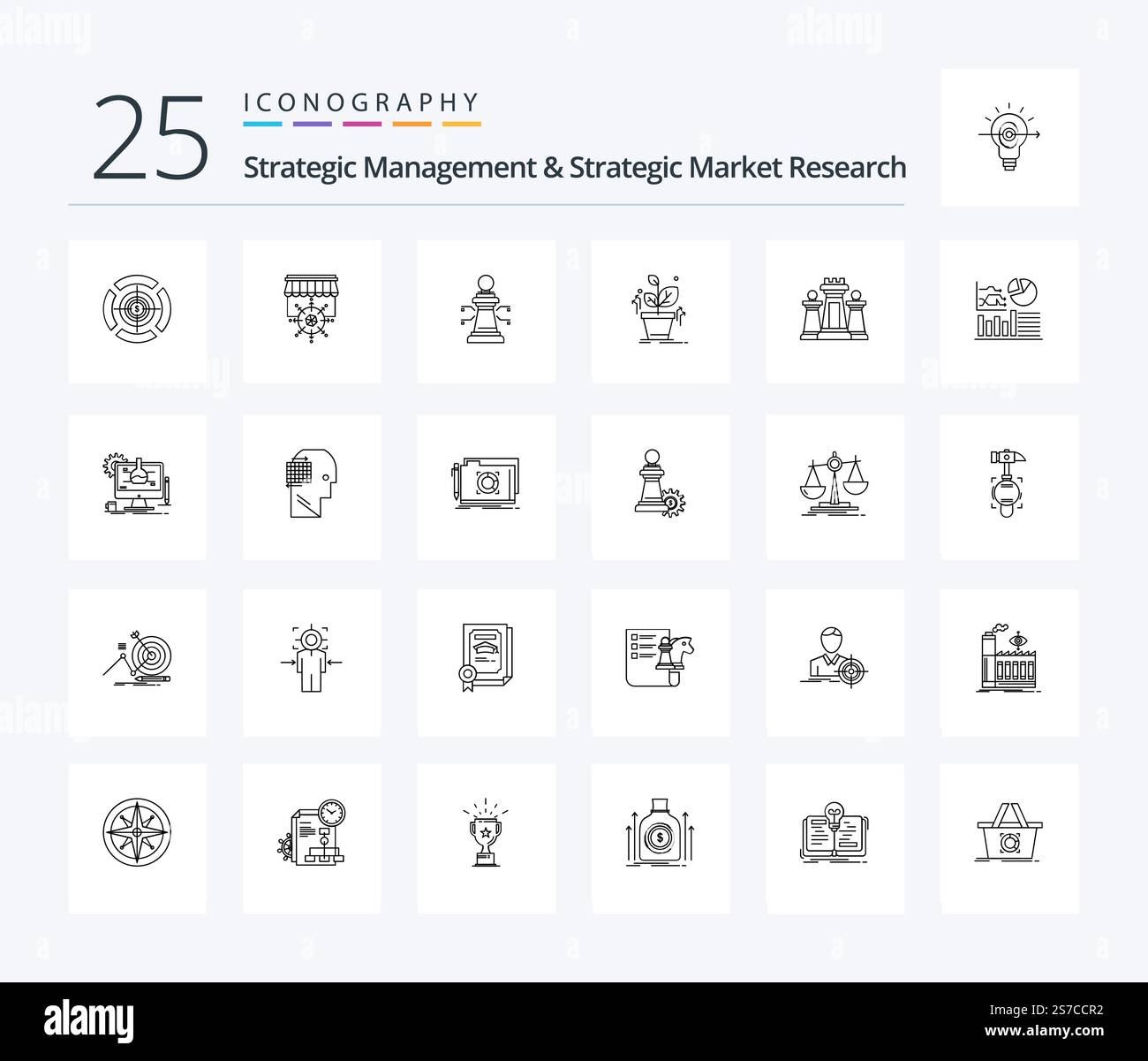 Strategic Management and Strategic Market Research 25 Line Icon computer incluso. operazione riuscita. scacchi. cresciuto. pianta Illustrazione Vettoriale