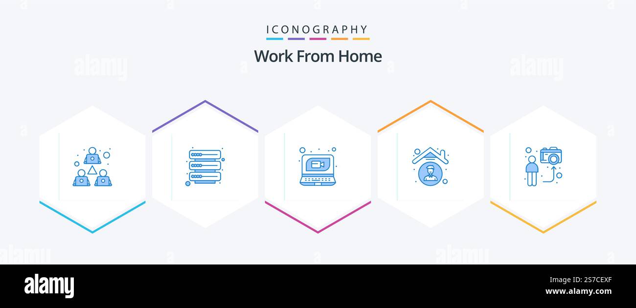 Work From Home 25 pacchetto icone blu con fotocamera. dipendente. conferenza. quarantena. casa Illustrazione Vettoriale