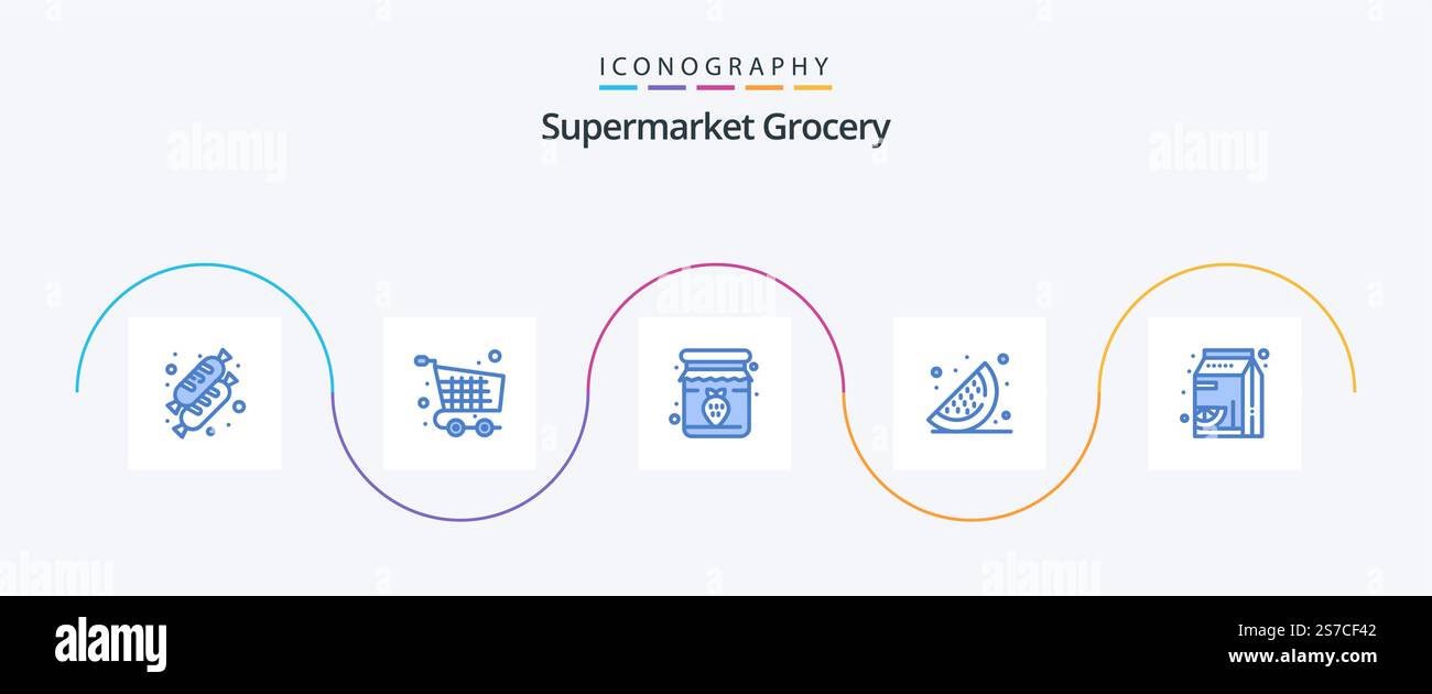 Pacchetto icone di 5 blu della drogheria con arancione incluso. frutta. inceppamento. anguria. cibo Illustrazione Vettoriale