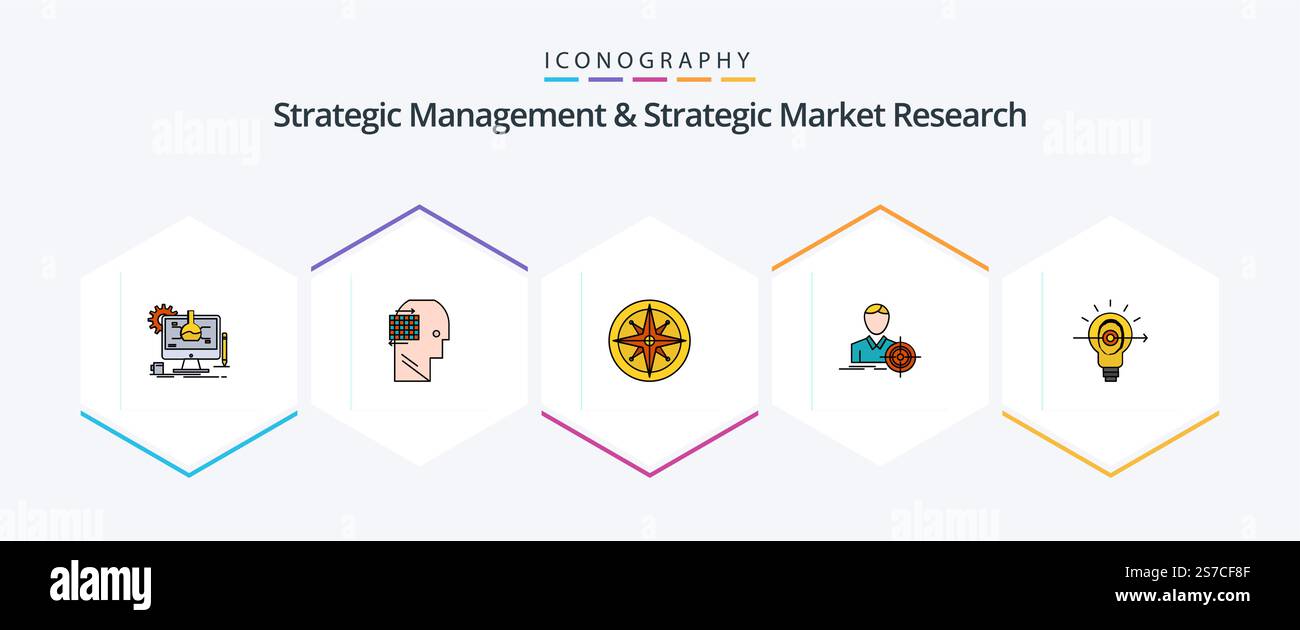 Strategic Management and Strategic Market Research 25 pacchetto icone FilledLine con lampadina inclusa. destinazione. bussola. messa a fuoco. posizione Illustrazione Vettoriale