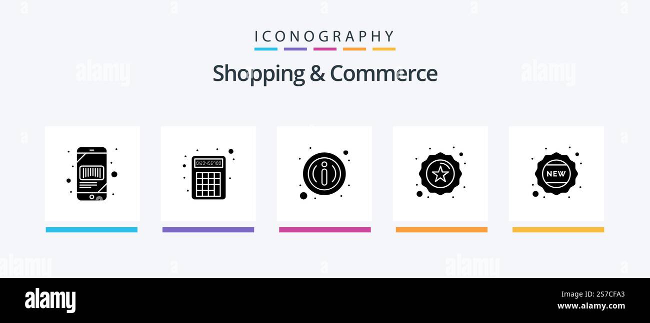 Shopping e Commercio Glyph 5 Icon Pack incluso nuovo. qualità. numero cruncher. premium. pulsante info. Icone creative Design Illustrazione Vettoriale