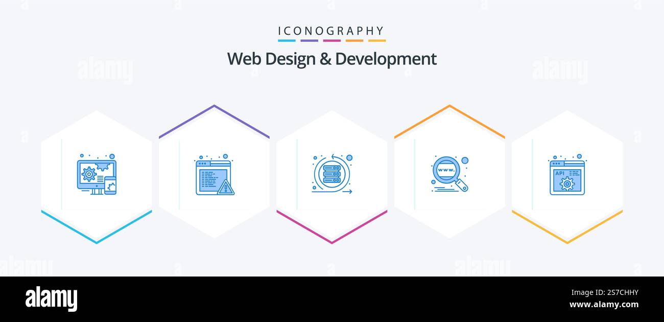 Web Design and Development 25 pacchetto di icone blu con codice incluso. in tutto il mondo. mischia. ricerca. motore Illustrazione Vettoriale