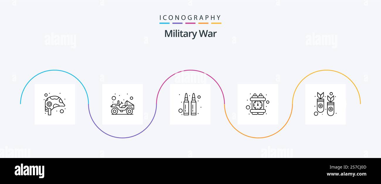 Military War Line 5 Icon Pack, incluso il nucleare. elenchi puntati. bomba a orologeria. crimine Illustrazione Vettoriale