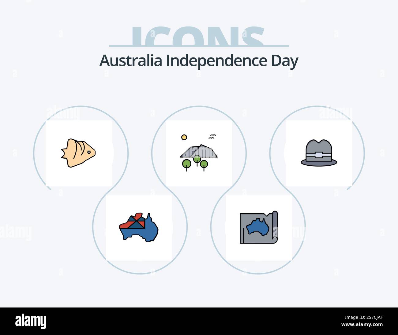 Australia Independence Day Line riempito icona Pack 5 icona Design. sport. surf. arma. surf. canguro Illustrazione Vettoriale