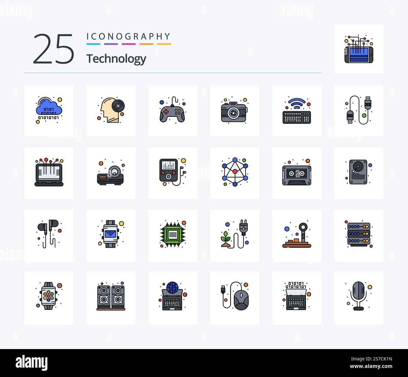 Tecnologia 25 pacchetto di icone piene di linee con tastiera. fotografia. produttività. foto. tampone Illustrazione Vettoriale