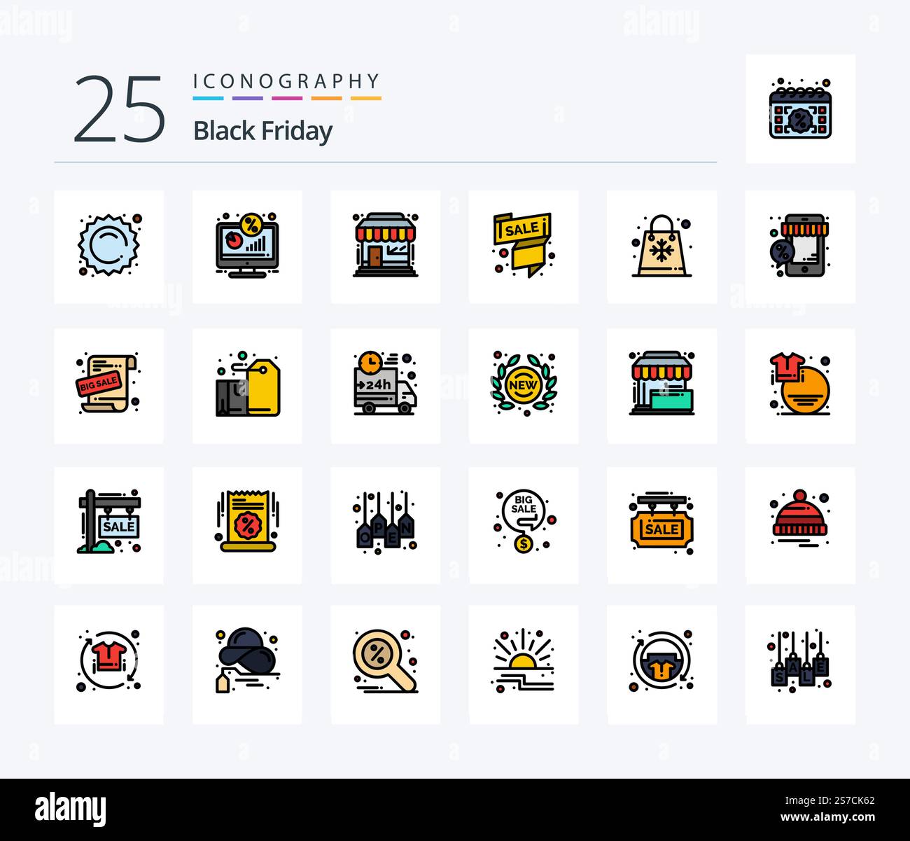 Pacchetto icone riempito Black Friday 25 Line con offerta inclusa. etichetta di vendita. schermo. vendita. negozio Illustrazione Vettoriale