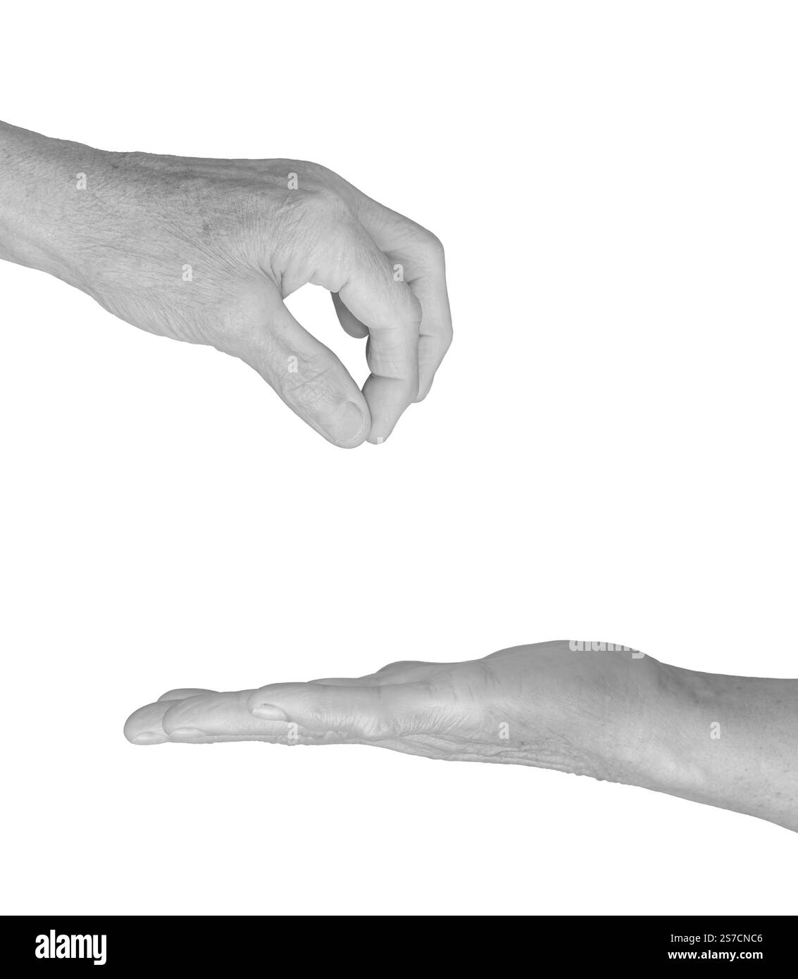 La mano di una donna anziana si apre e si avvicina, con le dita leggermente arricciate, la pelle rugosa nei toni della scala di grigi, gesti espressivi che offrono o tengono in mano Foto Stock