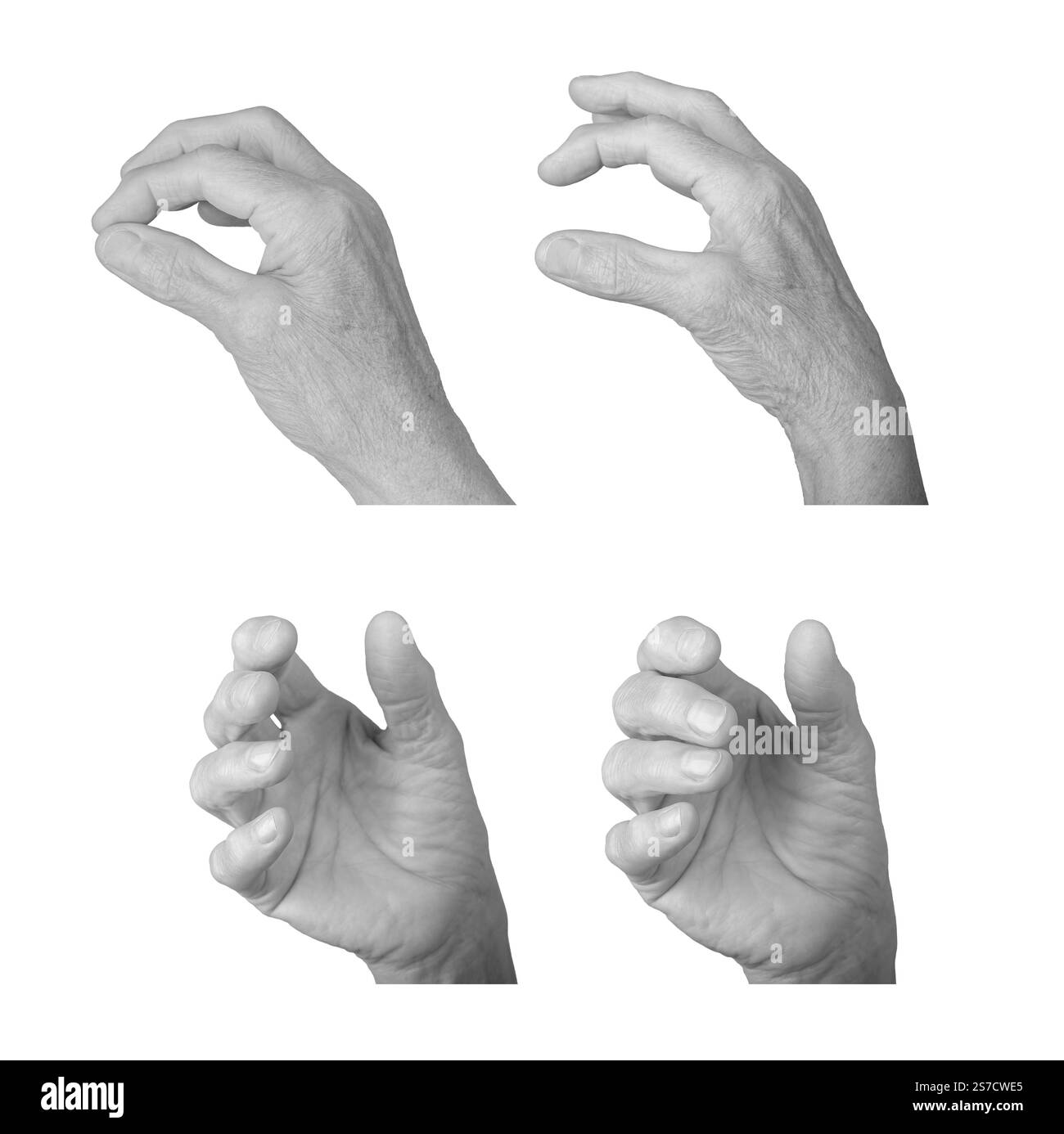 Primo piano, la mano di una donna anziana si avvicina e si arriccia con un gesto afferrato, pelle rugosa e anatomia morbida, posa espressiva e vista palmare. Isolato su Foto Stock