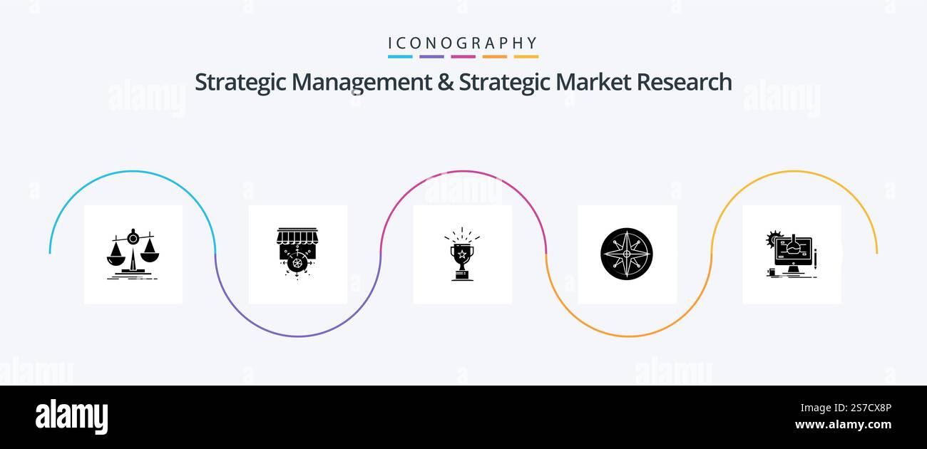 Strategic Management and Strategic Market Research Glyph 5 Icon Pack posizione inclusa. navigazione. business. posizione. trofeo Illustrazione Vettoriale