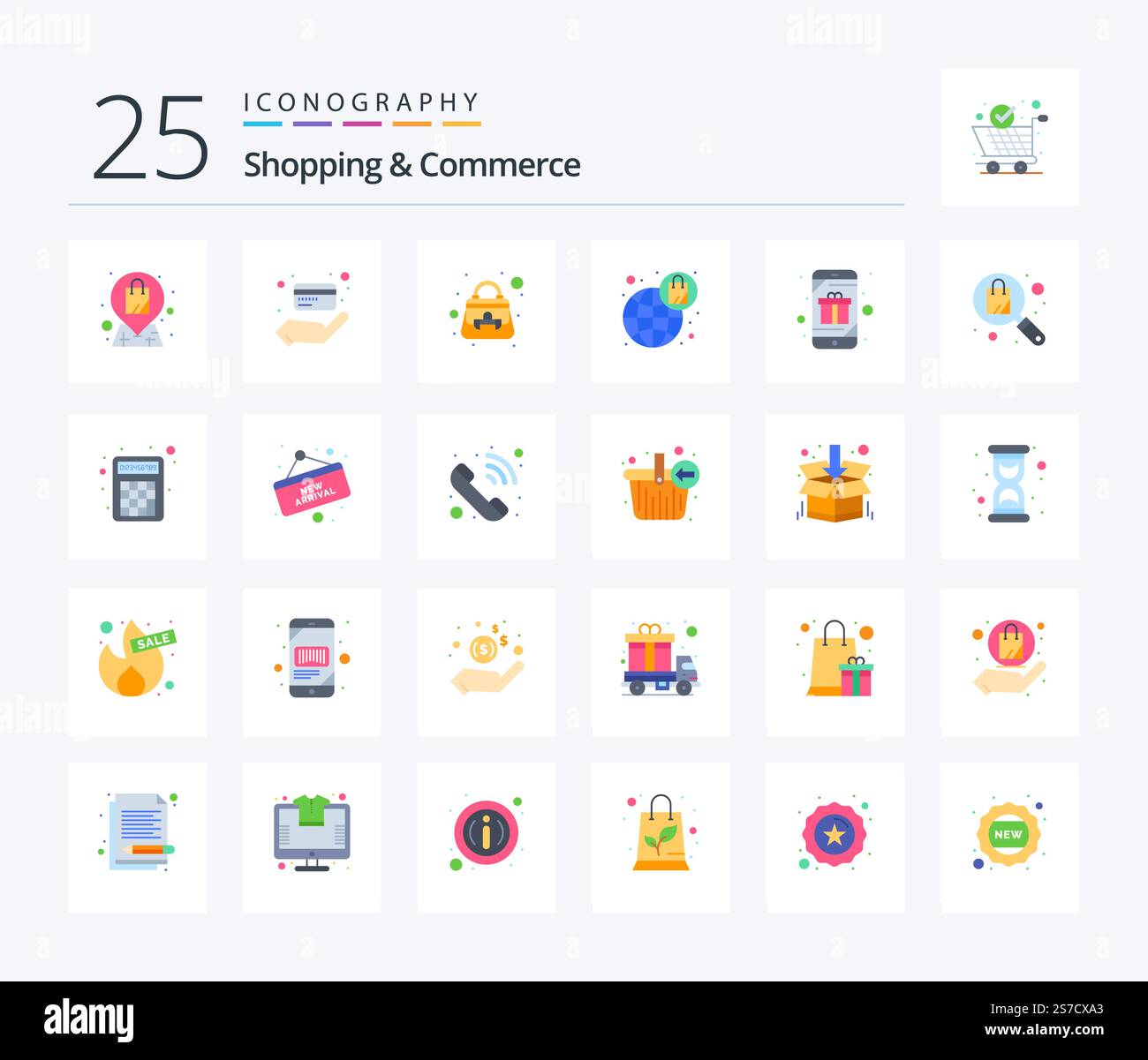 Shopping e Commercio 25 pacchetto icona Flat Color con regalo. borsa. borsa. shopping. e-commerce Illustrazione Vettoriale