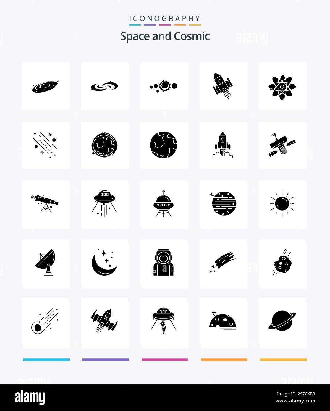 Pacchetto icone Creative Space 25 Glyph Solid Black come Molecule. atomo. sistema solare. avviare. spazio Illustrazione Vettoriale