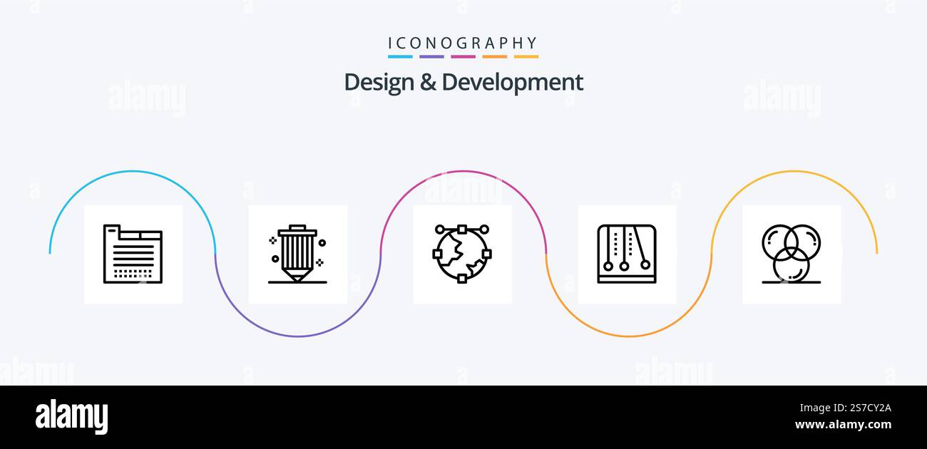 Design e sviluppo linea 5 Icon Pack incluso il videogioco. gioco. programmazione. sviluppo. globo Illustrazione Vettoriale