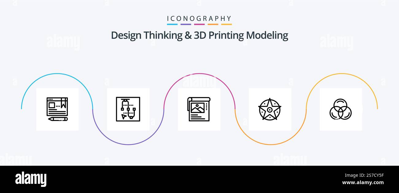 Design Thinking e D Printing Modeling Line 5 Icon Pack RGB. progetto. freccia. satanico. brosher Illustrazione Vettoriale