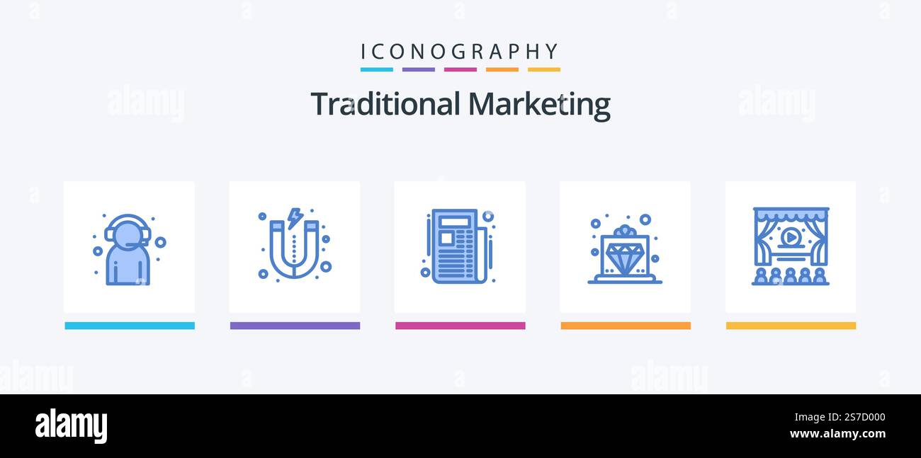 Tradizionale Marketing Blue 5 Icon Pack inclusa la pubblicità. cinema. notizie. servizio. premium. Icone creative Design Illustrazione Vettoriale