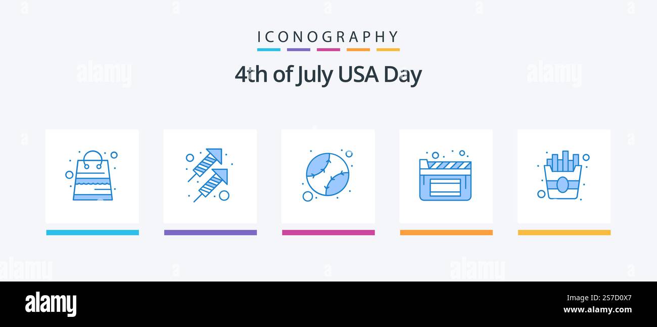 USA Blue 5 Icon Pack con patatine fritte. veloce. americano. pellicola. cinema. Icone creative Design Illustrazione Vettoriale