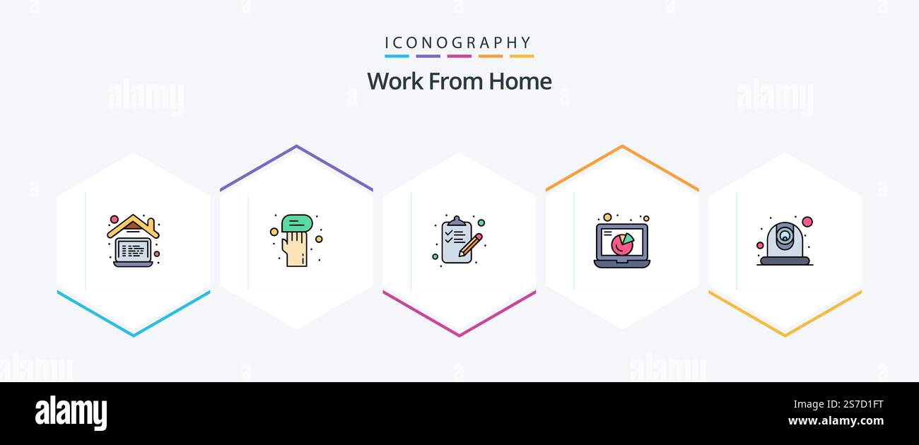 Pacchetto di icone Work from Home 25 FilledLine con fotocamera inclusa. condivisione. elenco di controllo. riunione. grafico Illustrazione Vettoriale
