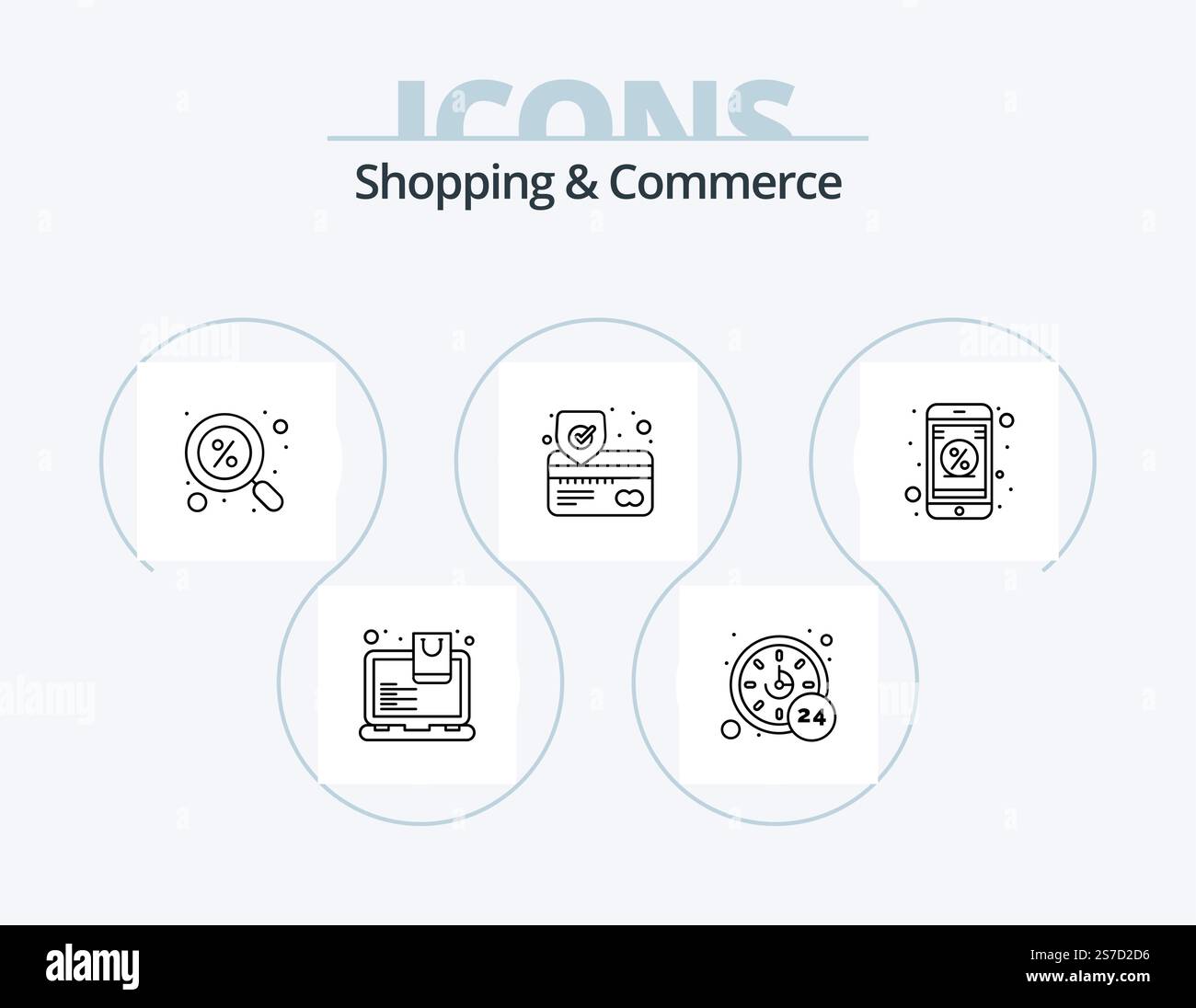 Shopping e Commercio Line Icon Pack 5 Icon Design. calcolatrice. maglietta. posizione. negozio. online Illustrazione Vettoriale