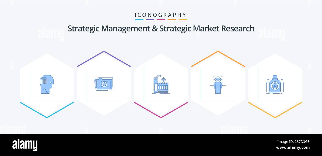 Strategic Management and Strategic Market Research 25 pacchetto icona blu con borsa inclusa. raggiungere. target mulino. uomo Illustrazione Vettoriale