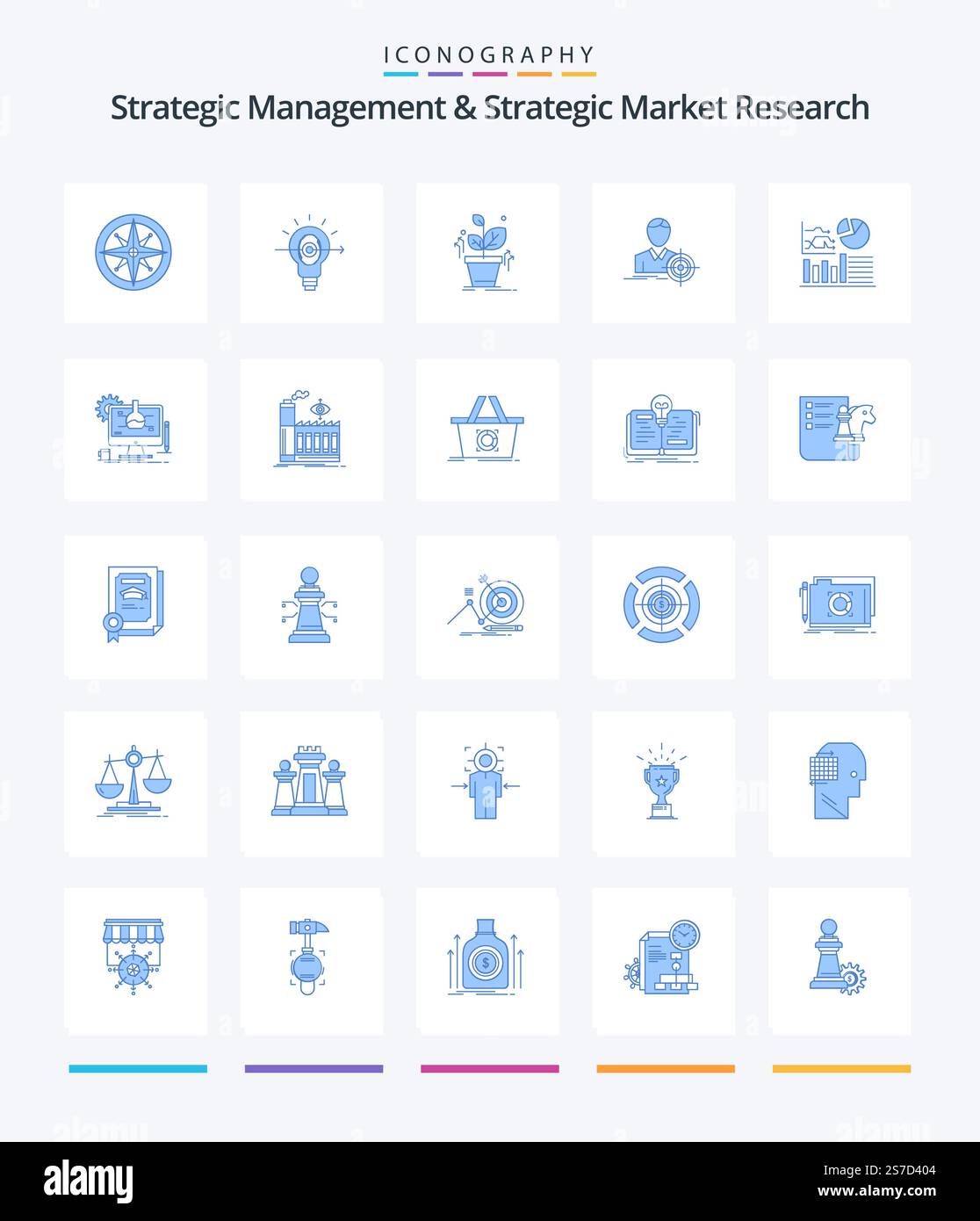 Creative Strategic Management and Strategic Market Research 25 pacchetto di icone blu come grafico. destinazione. business. messa a fuoco. operazione riuscita Illustrazione Vettoriale