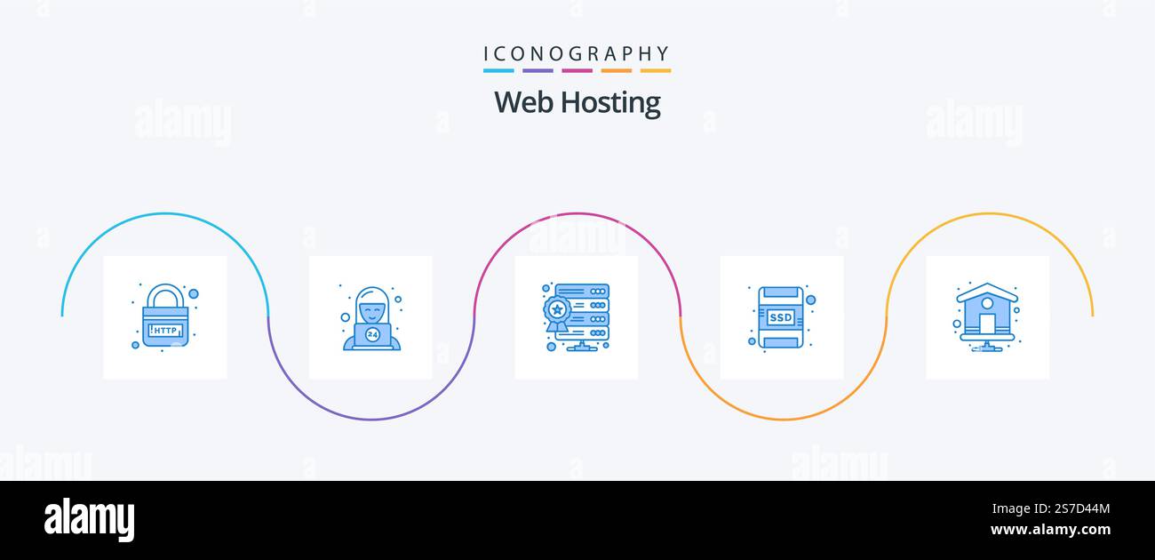 Web Hosting Blue 5 Icon Pack inclusa la home page. ssd. servizio. scheda di memoria. hosting web Illustrazione Vettoriale