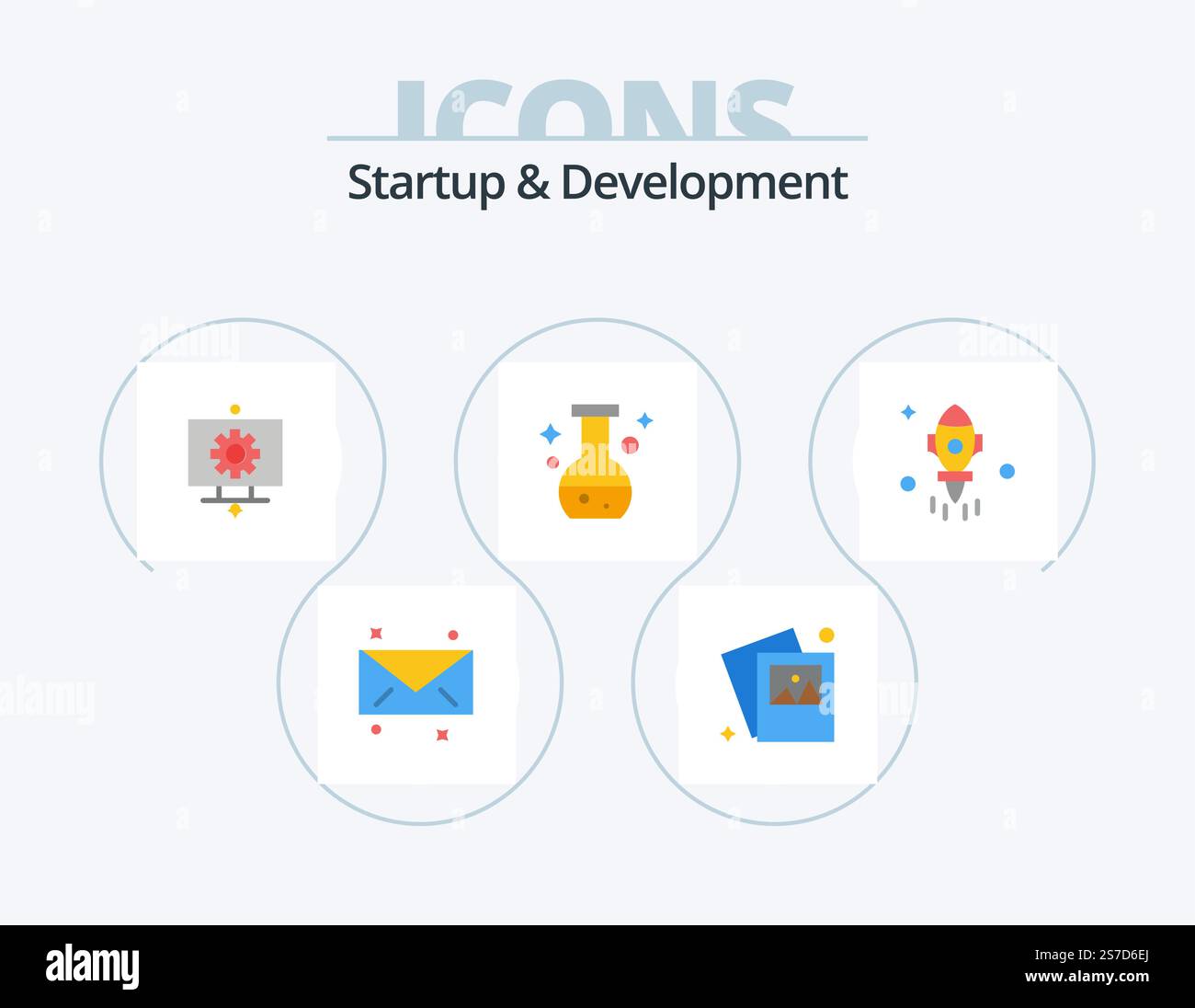 Avvio e sviluppo Flat Icon Pack 5 Icon Design. vola. razzo. impostazione. astronomia. laboratorio Illustrazione Vettoriale
