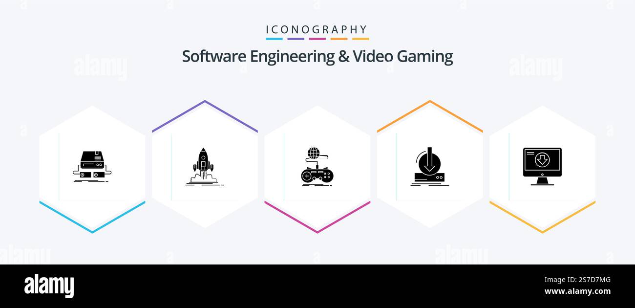 Software Engineering and Video Gaming 25 Glyph Icon Pack incluso dlc. aggiunta. avvio. online. internet Illustrazione Vettoriale