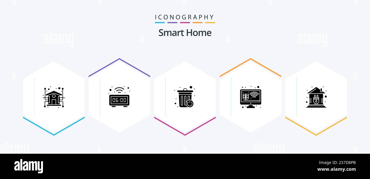 Pacchetto icone Smart Home 25 Glyph con controllo incluso. monitorare la crescita. polso. crescita. agricoltura Illustrazione Vettoriale