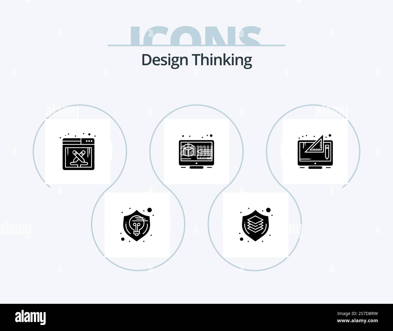 Design Thinking Glyph Icon Pack 5 Icon Design. pensare. design. protezione. creativo. software Illustrazione Vettoriale