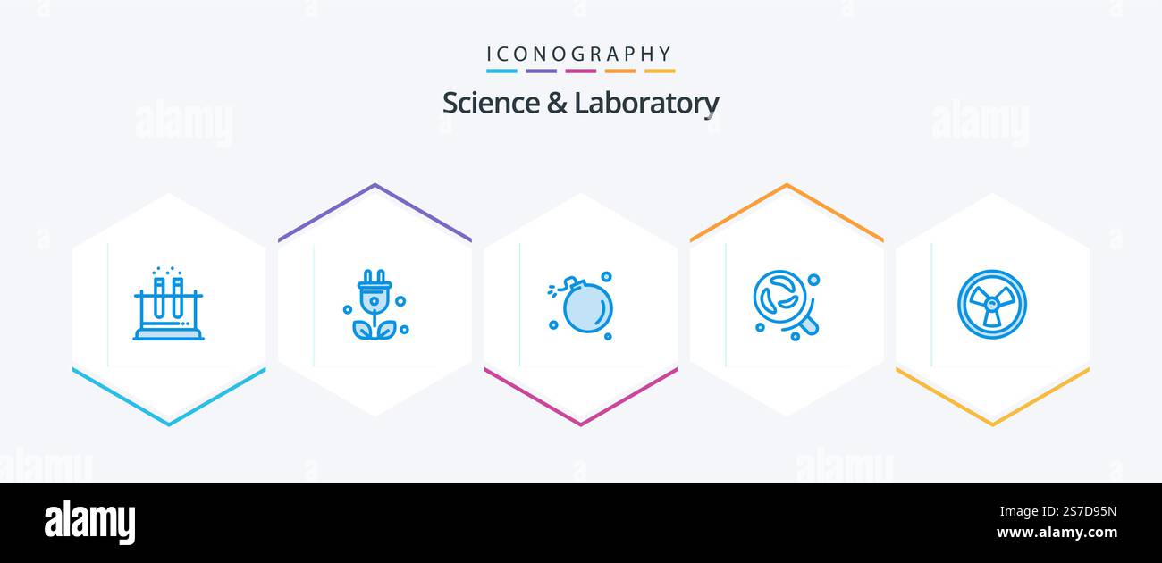 Science 25 pacchetto icona blu con rischio biologico incluso. ricerca. bomba. laboratorio. scienza Illustrazione Vettoriale