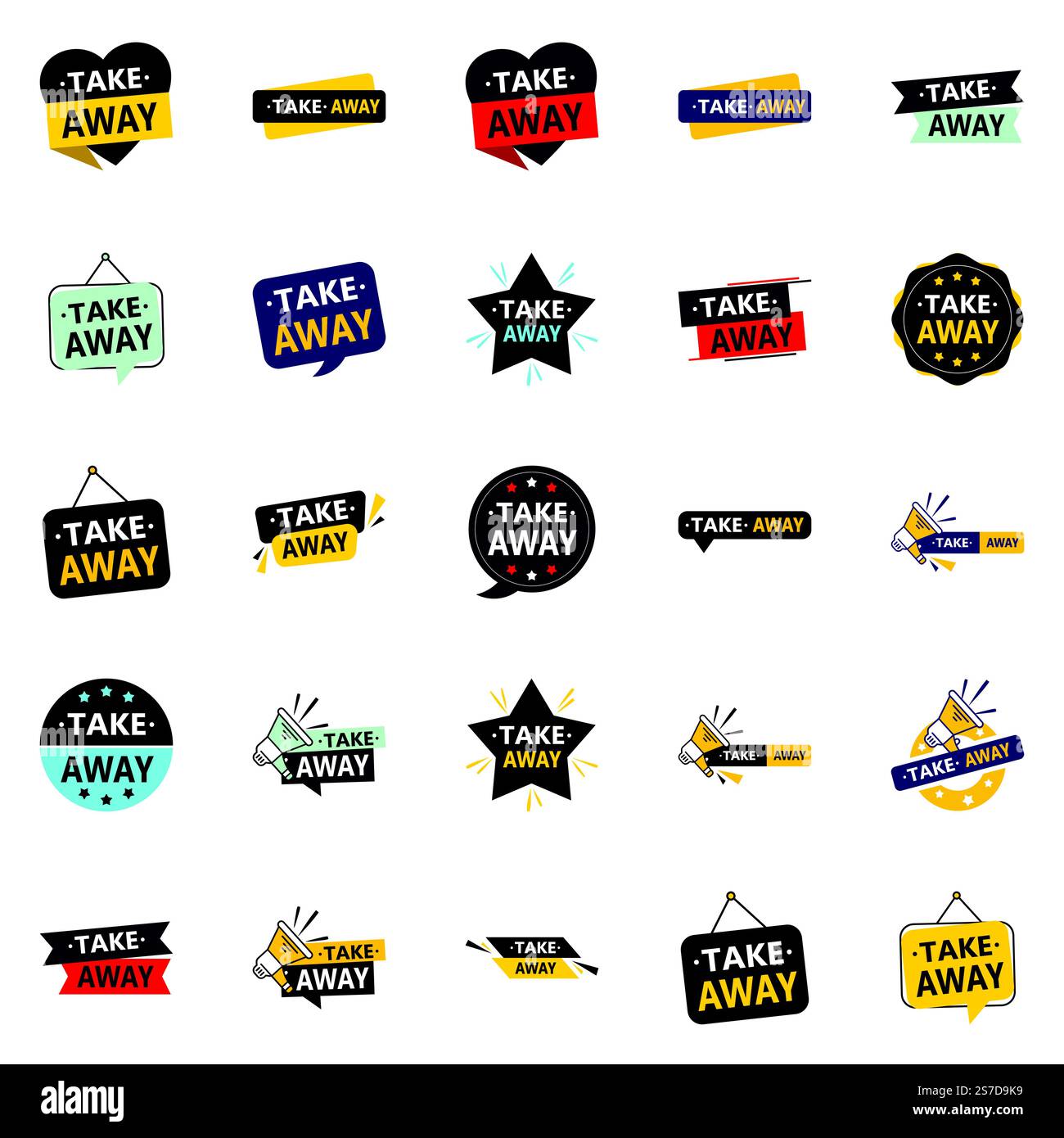 25 Dynamic Vector Designs nel pacchetto Take Away, perfetto per negozi di alimentari e ristoranti Illustrazione Vettoriale