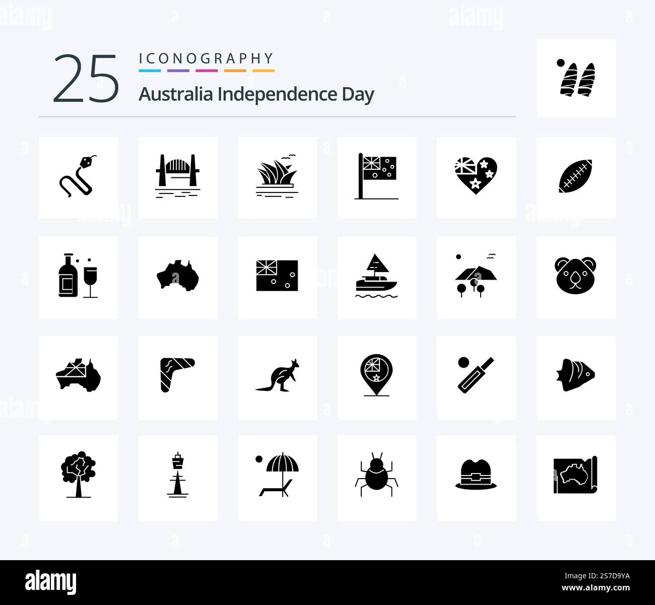 Australia Independence Day 25 pacchetto icone Solid Glyph inclusa la nazione. paese. sydney. australia. teatro dell'opera Illustrazione Vettoriale