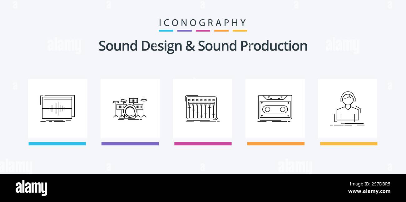 Sound Design and Sound Production Line 5 Icon Pack incluso il fonografo. disco. suono. monolocale. miscelatore. Icone creative Design Illustrazione Vettoriale