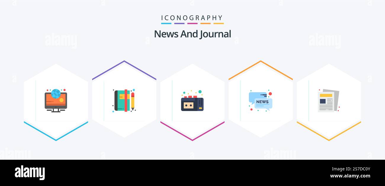 News 25 pacchetto icona piatta con carta inclusa. notizie. registrazione su nastro. notizie. conversazione Illustrazione Vettoriale