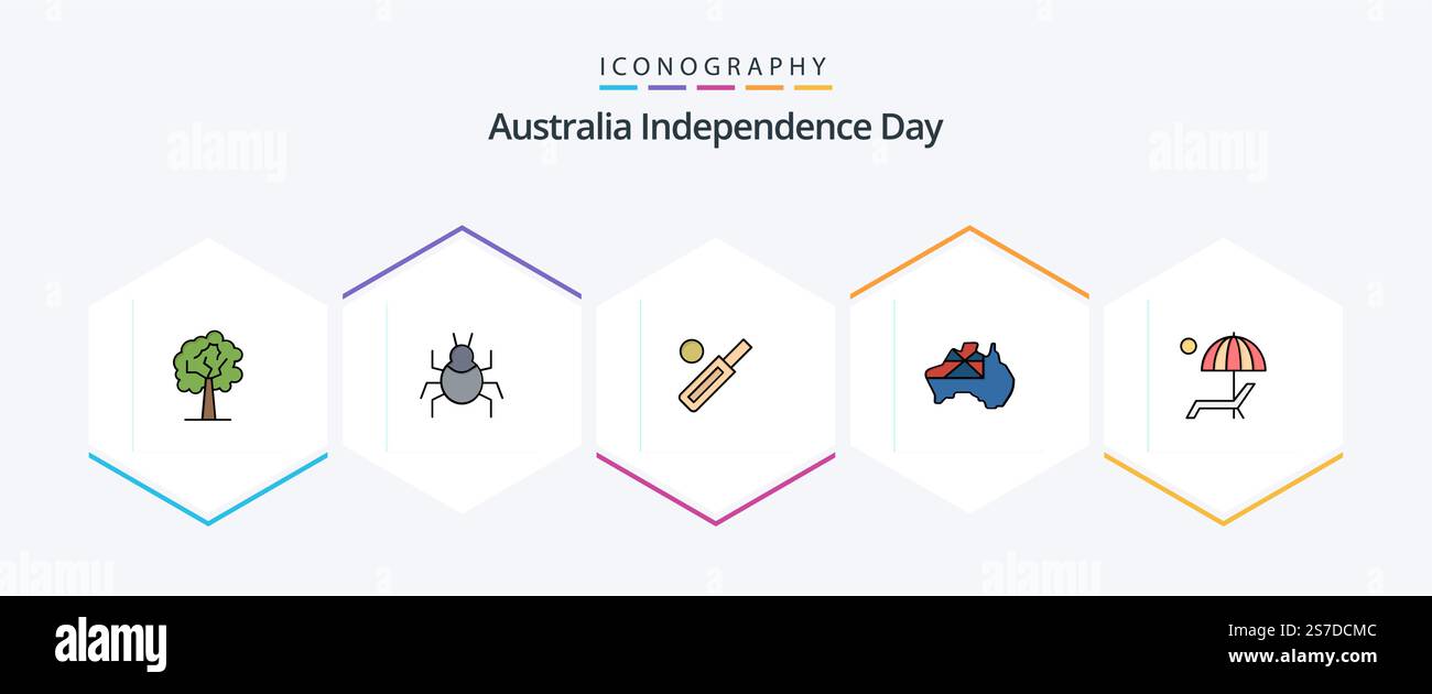 Pacchetto icone FilledLine per l'Australia Independence Day 25 con ombrello incluso. allarme. sfera. paese. australia Illustrazione Vettoriale