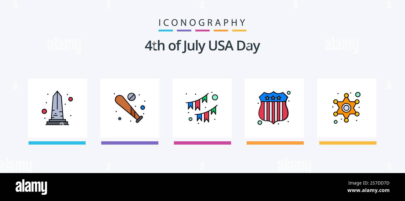 USA Line riempito 5 icona Pack incluso il basket. stati. mappa. muffin. perno di posizionamento. Icone creative Design Illustrazione Vettoriale