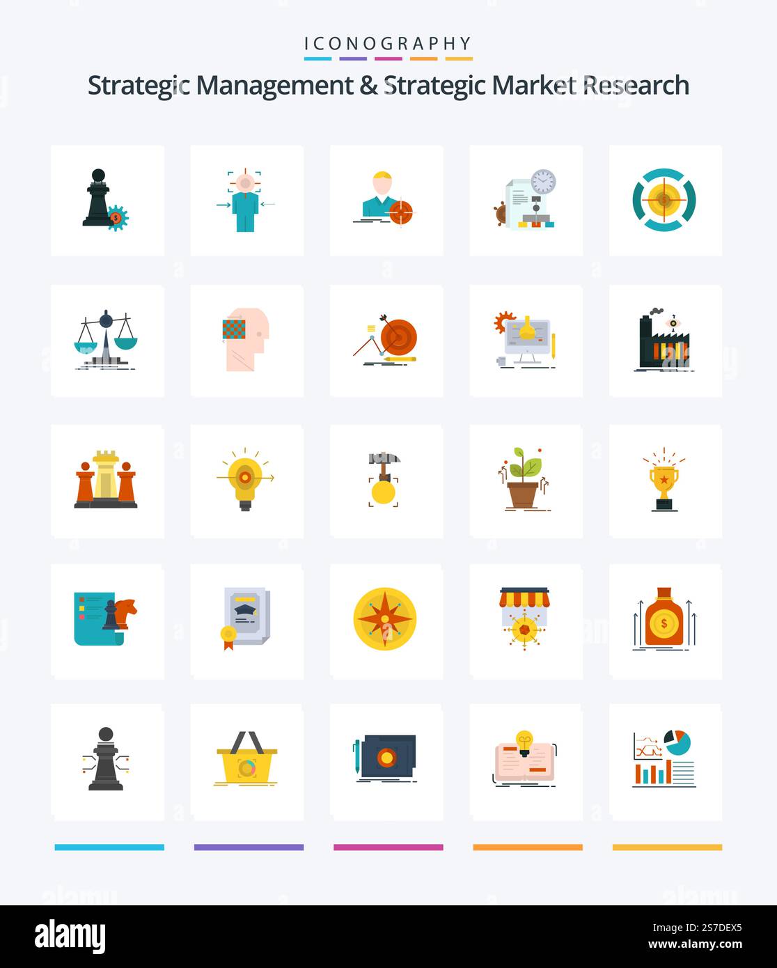 Creative Strategic Management e Strategic Market Research 25 pacchetto icona piatta come la freccetta. rapporto. obiettivo. file. obiettivo Illustrazione Vettoriale