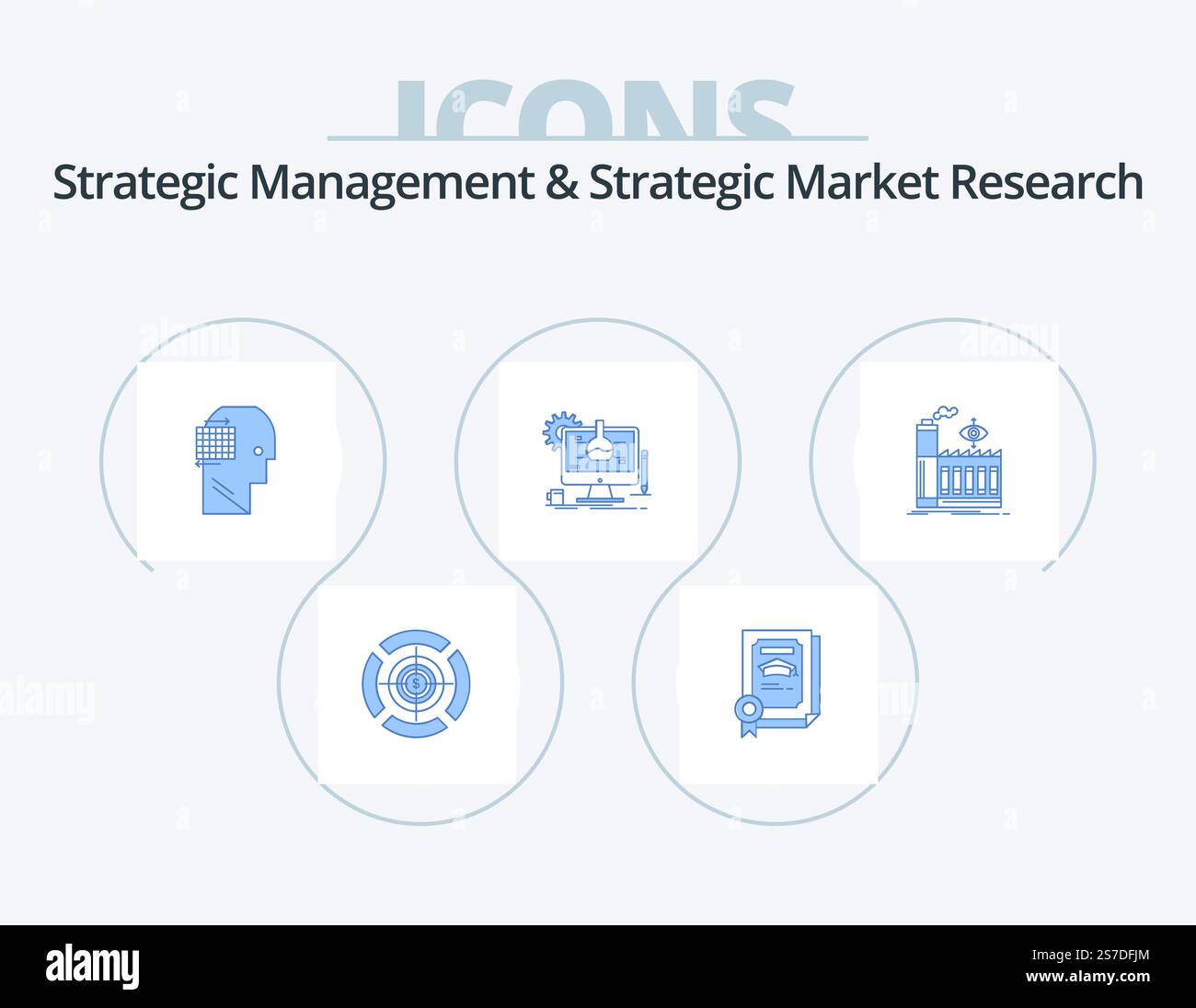 Strategic Management and Strategic Market Research Blue Icon Pack 5 Icon Design. fabbrica. tecnologia. utente. esso. chimico Illustrazione Vettoriale