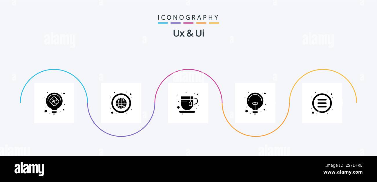 Pacchetto icone UX e UI Glyph 5 con controllo incluso. soluzione. tempo di pausa. luce. lampadina Illustrazione Vettoriale