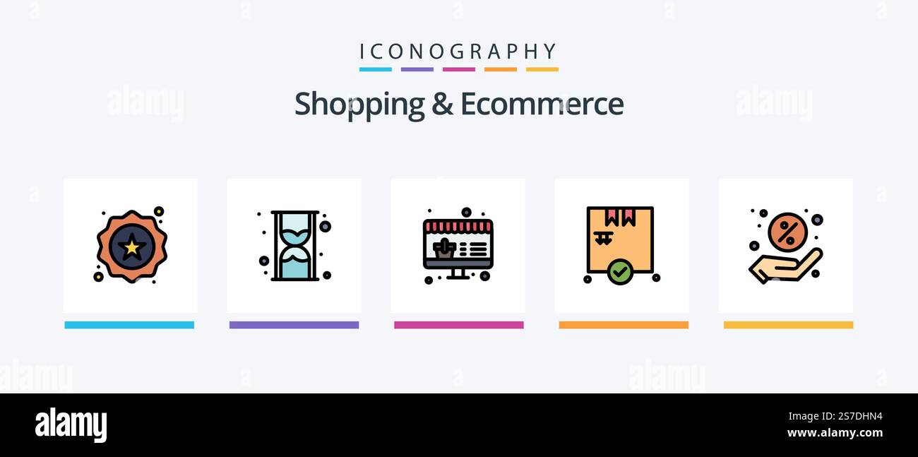 Shopping ed Ecommerce Line riempito 5 icone Pack incluso contanti. tempo. calcolo. guarda. vetro. Icone creative Design Illustrazione Vettoriale