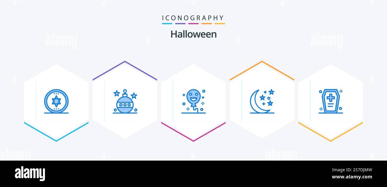 Pacchetto icona blu Halloween 25 con scrigno di Halloween. bara. bollature. casket. luna Illustrazione Vettoriale