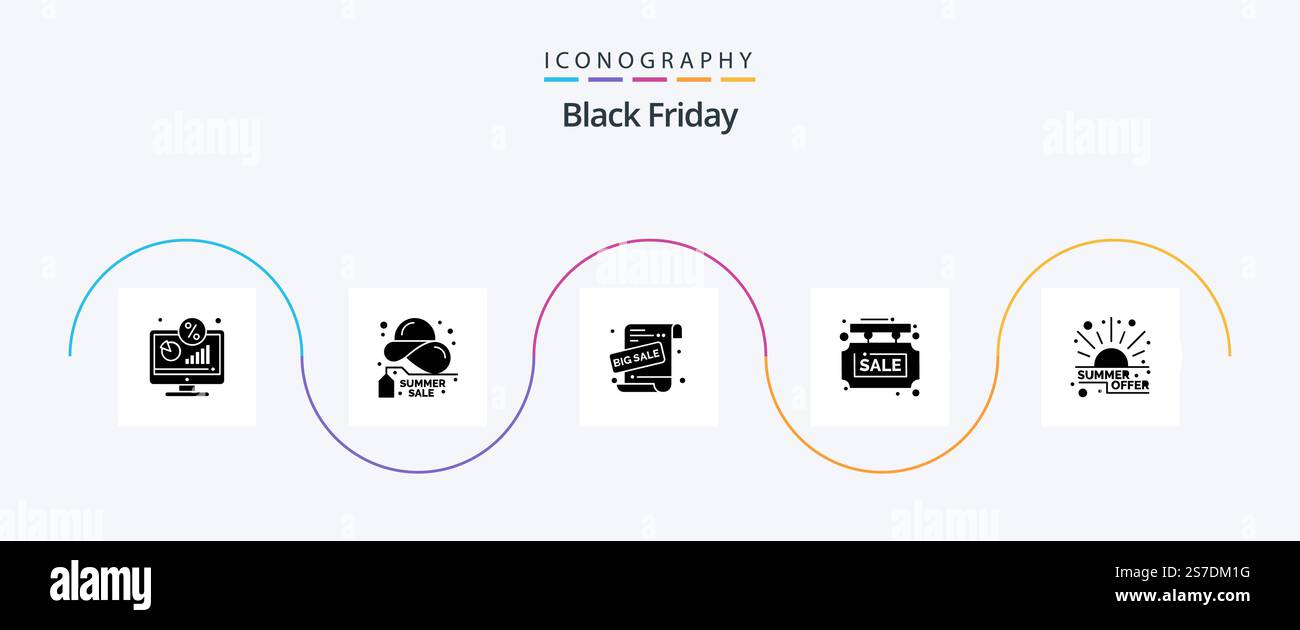 Black Friday Glyph 5 Icon Pack che include la scheda di vendita. scheda informativa. vendita. info. pubblicità di vendita Illustrazione Vettoriale
