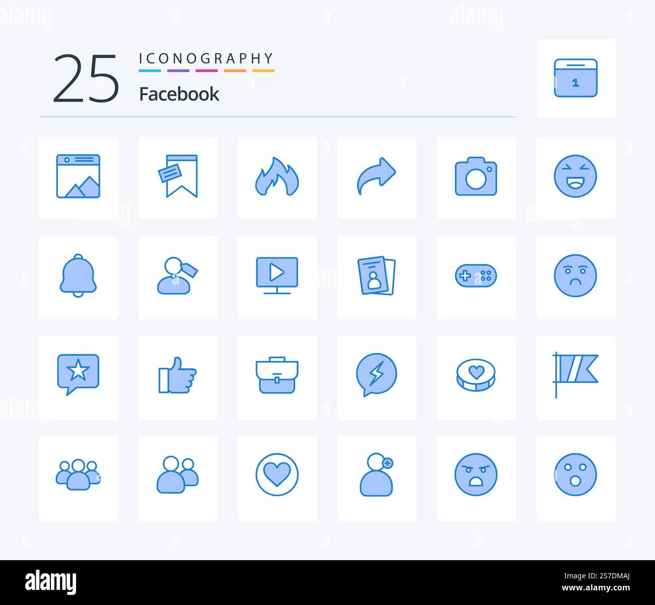 Pacchetto icone blu di Facebook 25 con immagine inclusa. avanti. fuoco. giusto. freccia Illustrazione Vettoriale