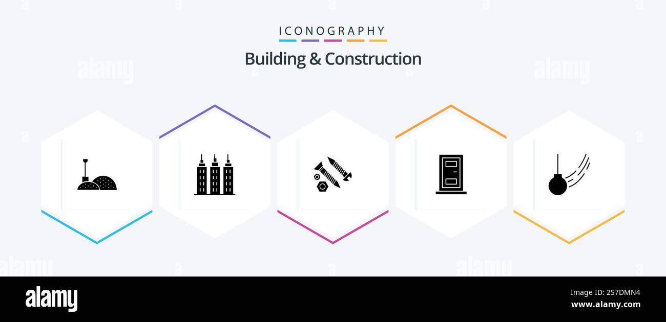 Pacchetto icone Glyph Building and Construction 25 con palla inclusa. rotazione. costruzione. pendolo. porta Illustrazione Vettoriale