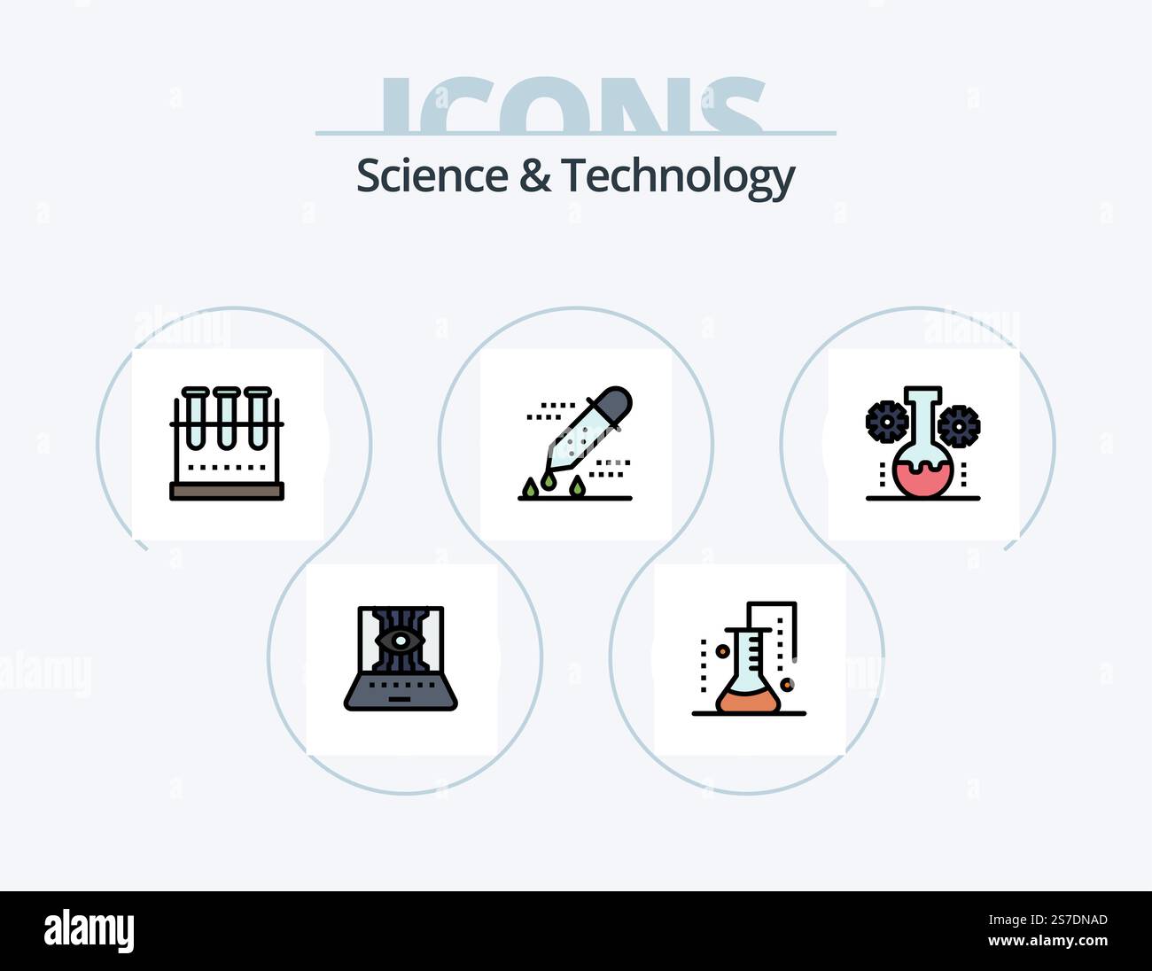 Scienza e tecnologia linea riempito icone Pack 5 icona Design. gestione del laboratorio. laboratorio dell'orso. documenti in linea. sfera. pianeti orbitanti Illustrazione Vettoriale