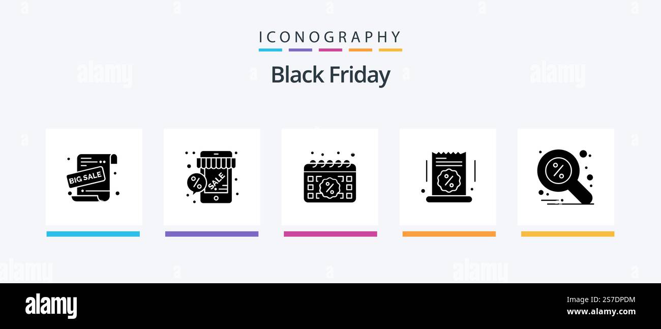 Black Friday Glyph 5 Icon Pack, vendita inclusa. grande vendita. negozio. grande vendita. giorno. Icone creative Design Illustrazione Vettoriale