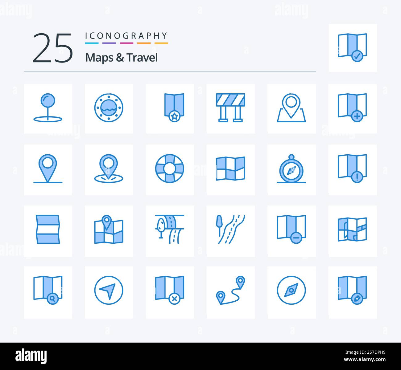 Mappe e viaggi 25 pacchetto icone colore blu con gps incluso. mappa. stella. posizione. marcatore Illustrazione Vettoriale