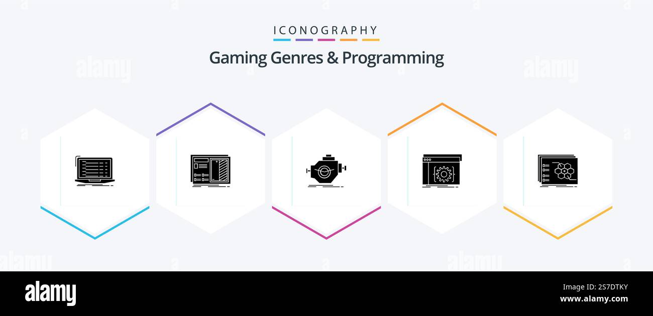 Generi di gioco e programmazione 25 pacchetto icone Glyph inclusa la codifica. api. piano. prestazioni. macchina Illustrazione Vettoriale
